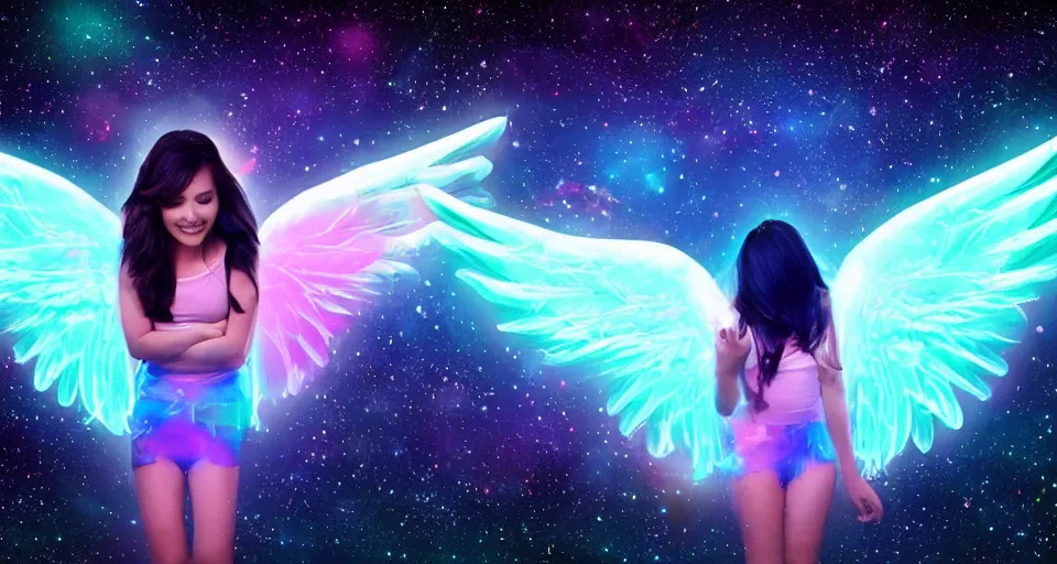 Image similar to a beautiful angel floating in space with neon wings