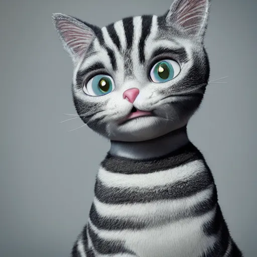 Prompt: a portrait of a cute gray and white striped cat in Copenhagen, trending on cg society, 3d zbrush render with fur, Pixar octane render, rim lighting, painting by Norman Rockwell