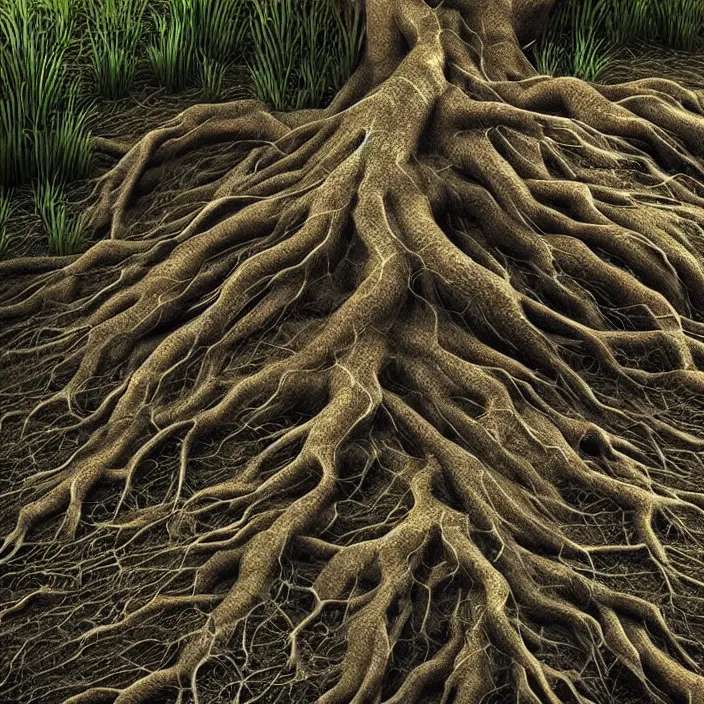 Image similar to roots are growing around the 9 gag!! logo, photorealistic rendering, hyperdetailed