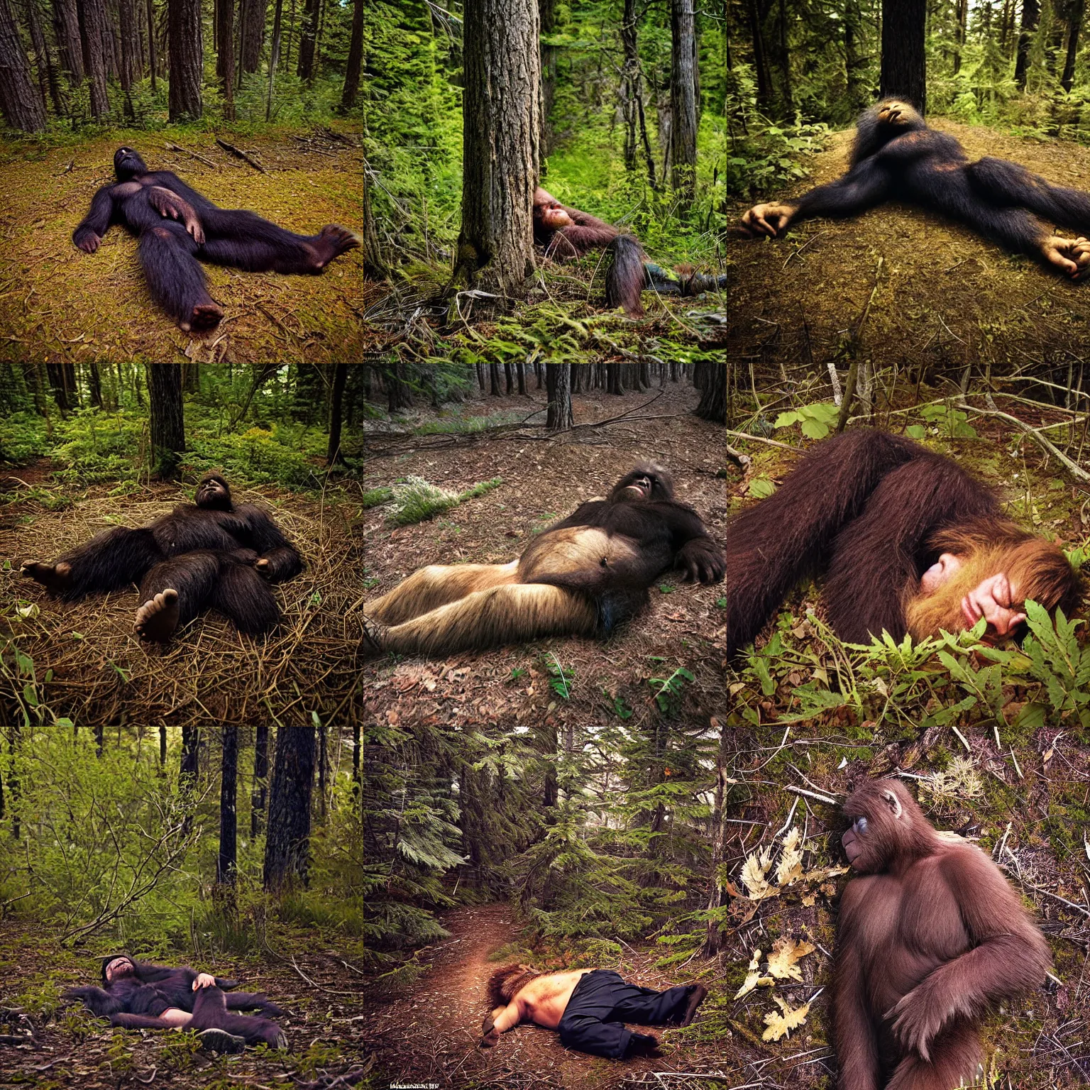 Prompt: sasquatch sleeping in the woods, wildlife photography, national geographic.