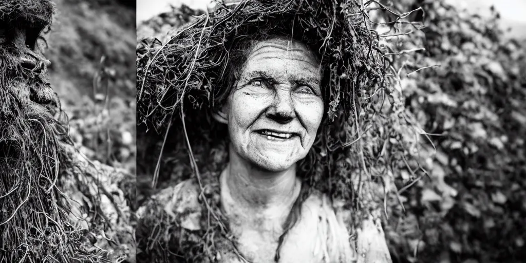 Prompt: _ alpine _ female farmers _ head _ black and white _ being _ overgrown _ by _ edelweiss turning into a hay krampus monster _ roots growing from face _ _ dolomites _ smiling _ dark _ vintage photography _ eerie _ despair _ portrait _ photography _ artstation _ digital _ art _ adward _ winning _ smiling