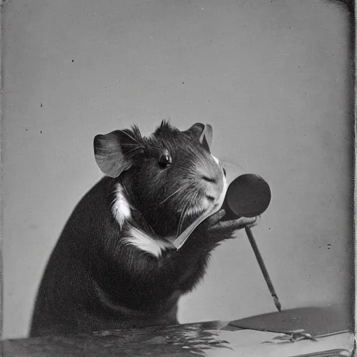 Image similar to a 1 9 th century photograph of a guinea pig writing a letter