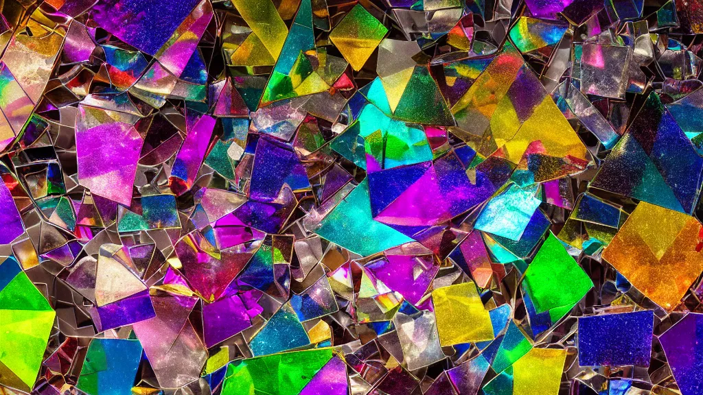 Image similar to A still shot of rainbow light, scattered amongst the prismatic shards of a broken mirror, studio lighting, 4k photo