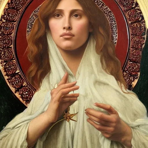 Prompt: a Pre-Raphaelite painting of Kim Kardashian as the Virgin Mary