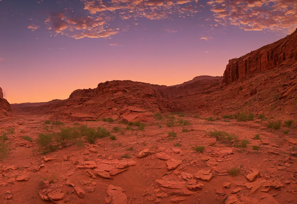 Prompt: a ground level view of a river bend running through a canyon surrounded by desert mountains at sunset on mars, planet mars, moab, utah, a tilt shift photo by frederic church, trending on unsplash, hudson river school, photo taken with provia, national geographic photo