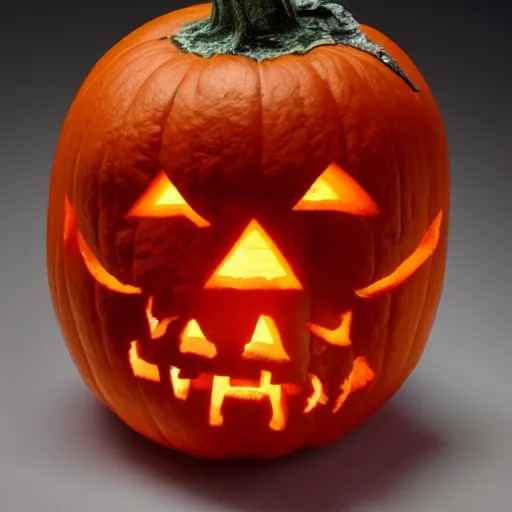 Image similar to a jack o'lantern, carved in the likeness of a skull, lit by candle from within, hyperreal, horror, atmospheric - h 6 4 0,