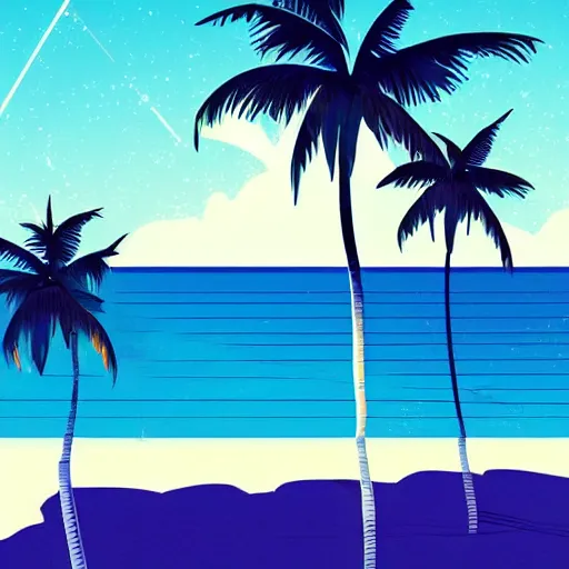 Image similar to synthwave white sand beach with palm trees, day, beautiful, aesthetic, illustration, trending on artstation