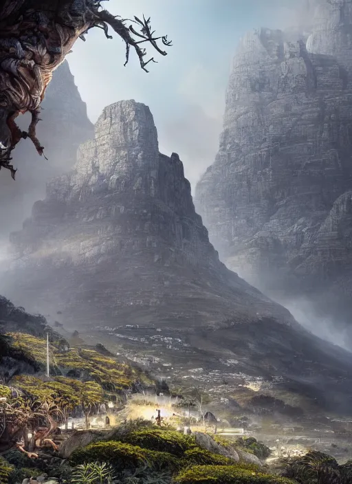 Image similar to chtulu attacking cape town city, table mountain, dense foliage beautiful details, strong composition by kim jung giu weta studio rutkowski, james gurney and greg rutkowski, and lucasfilm