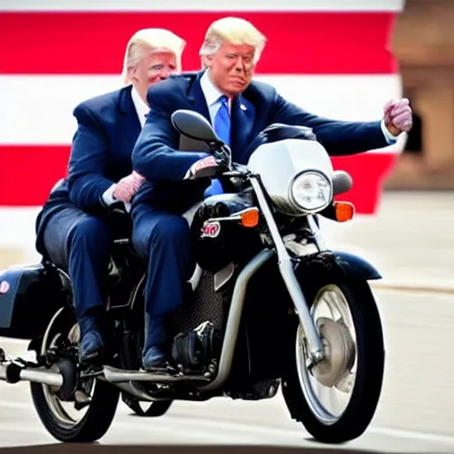 Image similar to joe biden and donald trump riding two seater on a motorcycle bike together, photorealistic, detailed