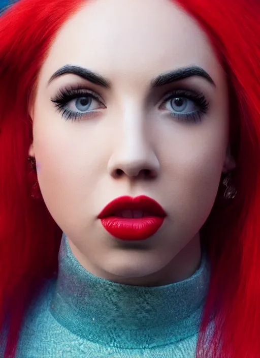 Image similar to ava max bright red hair photographed by charlotte rutherford, canon, highly realistic. high resolution. highly detailed. dramatic. 8 k. 4 k.