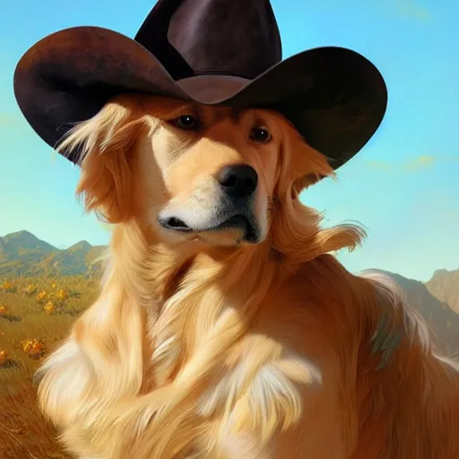 Image similar to Golden Retriever dressed as a Cowboy, highly detailed, digital painting, artstation, concept art, smooth, sharp focus, illustration, art by artgerm and greg rutkowski and alphonse mucha