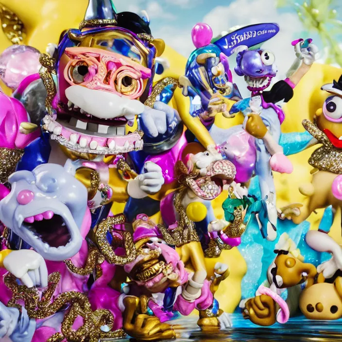 Image similar to jeff koons hip hop bauhaus style street sharks sailor moon wearing diamond grillz and a ton of bussdown iced gold bling in wallace & gromit strata - cut claymation, ultra realistic, concept art, intricate details, serious, highly detailed, photorealistic, octane render, 8 k, unreal engine, art by todd mcfarlane