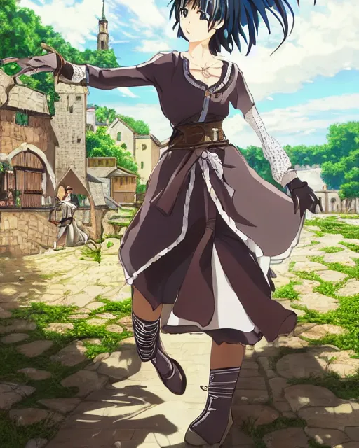 Image similar to key anime visual portrait of a young female walking through a medieval village, perfect anime face, dynamic pose, dynamic perspective, detailed silhouette, detailed, intricate, face by murata range