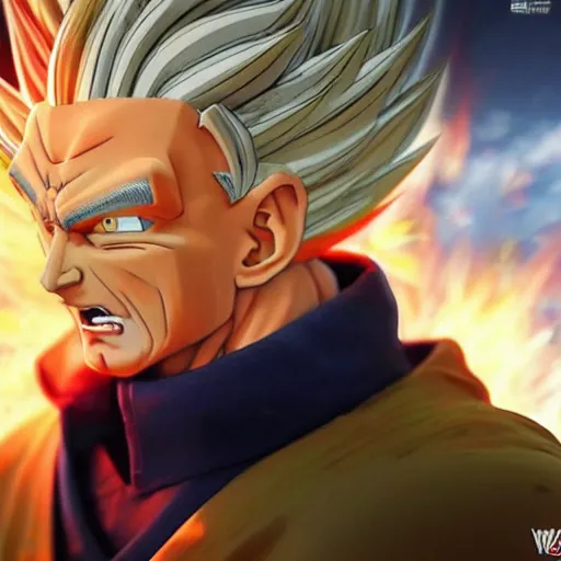 Image similar to vladimir putin became super saiyan, dragon ball style, cinematic lighting, highly detailed, concept art, art by wlop and artgerm and greg rutkowski, masterpiece, trending on artstation, 8 k