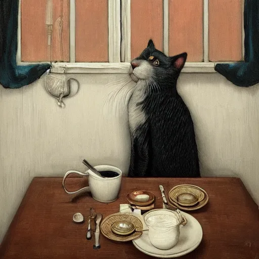 Image similar to cat drinking milk from a porcelain plate, in game pathologic 2, by jacek yerka, by levitan, oil on canvas, acrylic, digital art, royal academy, masterpiece, trending on artstation, cinematic composition, sharp, details, hyper - detailed, hd