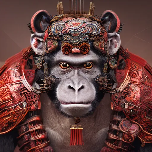 Image similar to The Chinese Zodiac sign of monkey warrior, traditional Chinese textures, hyper detail, Unreal engine,Octane render, by Brooke Shaden