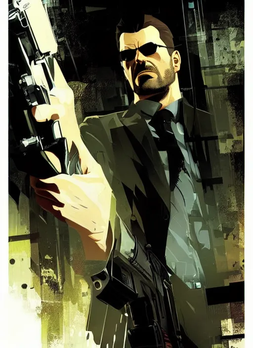 Prompt: poster artwork by Michael Whelan and Tomer Hanuka, a portrait of Max Payne in Deus Ex Human Revolution, clean