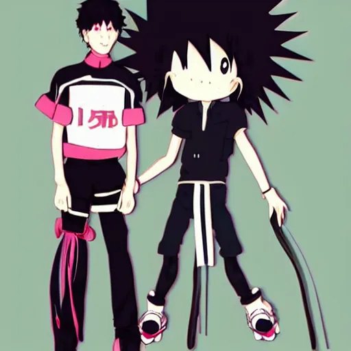 Prompt: japanese goth boy, anime boy, black hair, upturned collar, absurd spiky hair, rollerblading, rollerskates, cel - shading, 2 0 0 1 anime, flcl, jet set radio future, golden hour, japanese town, concentrated buildings, japanese neighborhood, construction site, cel - shaded, strong shadows, vivid hues, y 2 k aesthetic