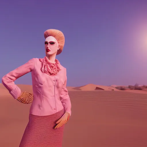 Prompt: innovative avant-garde art, deco fashion, british women, wearing pink, highly detailed, photorealistic portrait, serene desert setting, golden hour, crisp quality and light reflections, unreal engine 5 quality render