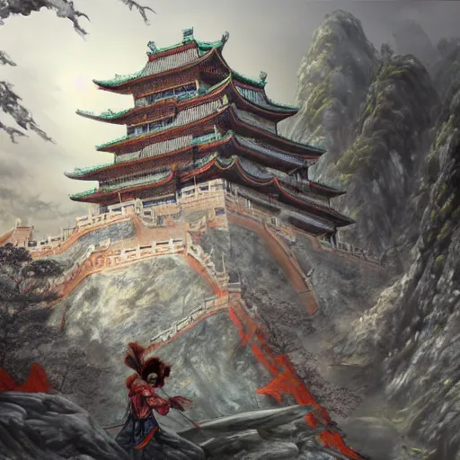 Image similar to dynamic composition, motion, ultra-detailed, incredibly detailed, a lot of details, amazing fine details and brush strokes, colorful and grayish palette, smooth, HD semirealistic anime CG concept art digital painting, watercolor oil painting of epic castle gate, from Three Kingdoms, by a Chinese artist at ArtStation, by Huang Guangjian, Fenghua Zhong, Ruan Jia, Xin Jin and Wei Chang. Realistic artwork of a Chinese videogame, gradients, gentle an harmonic grayish colors.