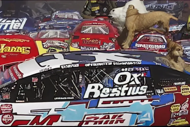 Image similar to vfx movie nascar driver covered in corporate sponsor logos holding up bone for pack of dogs in the u. s. senate. by emmanuel lubezki