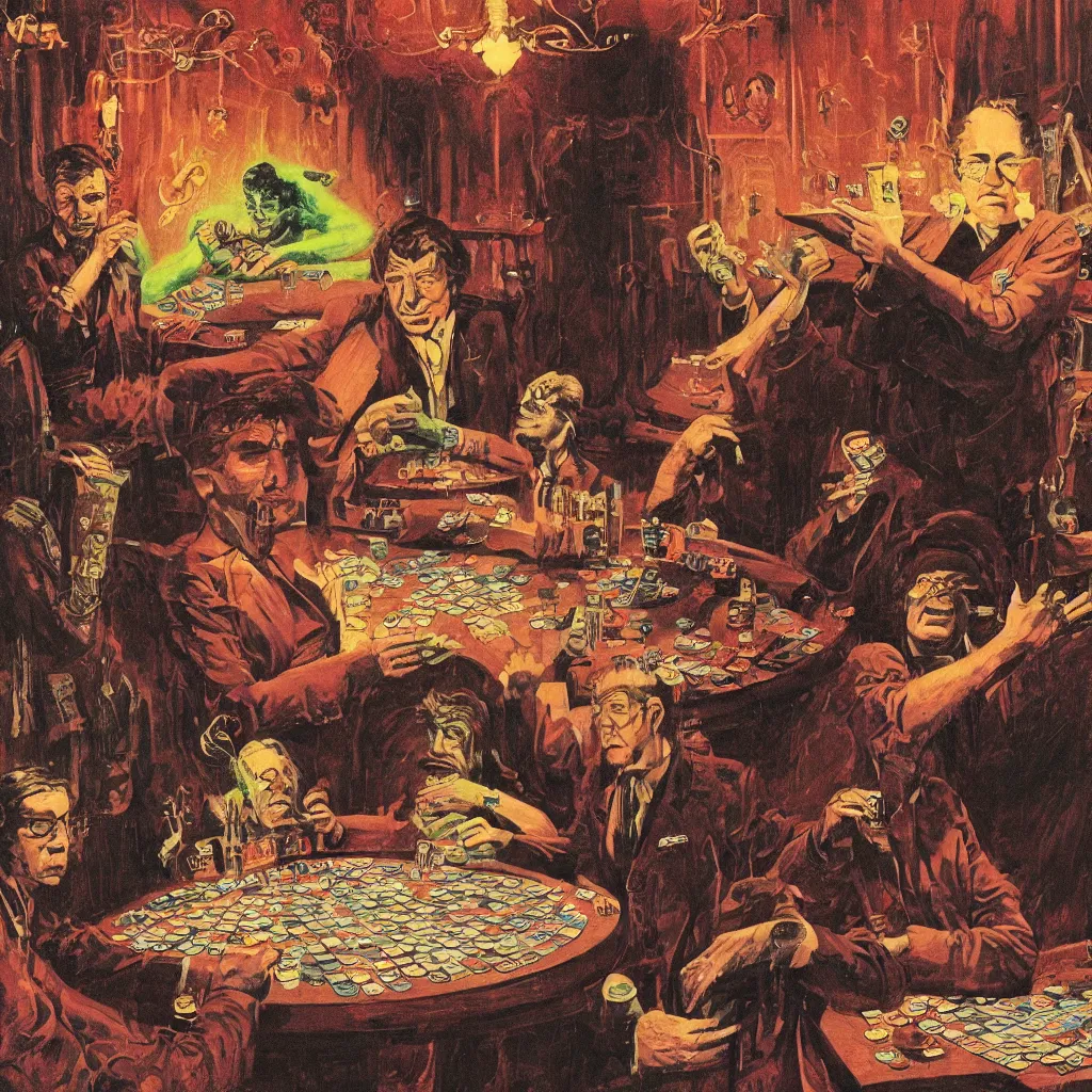 Image similar to portrait of bill hicks playing poker and smoking, in the art style of virgil finlay, paul lehr, frank kelly freas, wayne barlowe, bob pepper, wally wood, moebius, h. r. giger, frank frazetta, richard m. powers. digital art, concept render.