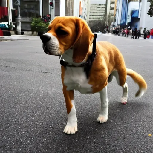 Prompt: photo of gigantic beagle walking over a city, each step make the earth shaking, similar size as godzilla