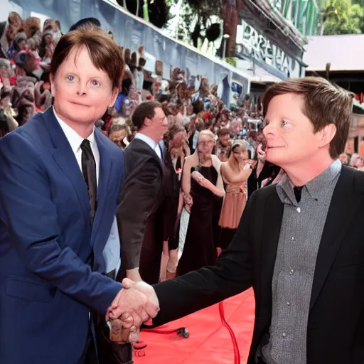 Prompt: Michael J. Fox shakes hands with Michael J. Fox