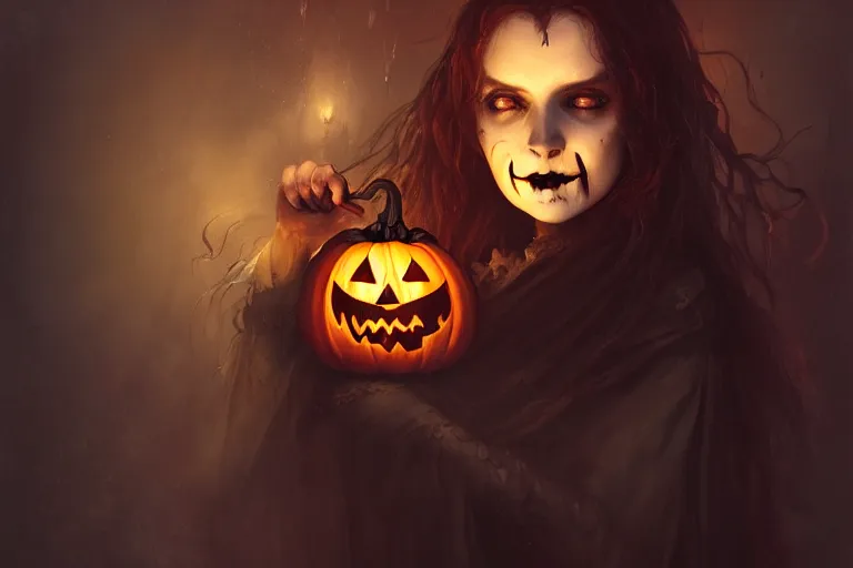 Image similar to portrait of a ghoulish victorian witch holding a jack - o - lantern, halloween night, charlie bowater, artgerm, ilya kuvshinov, krenz cushart, ruan jia, realism, ultra detailed, 8 k resolution