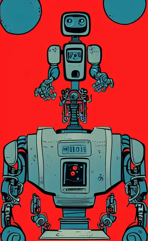 Image similar to a poster of a robot standing in front of a red background, poster art by tim doyle, behance contest winner, shock art, poster art, apocalypse art, sci - fi