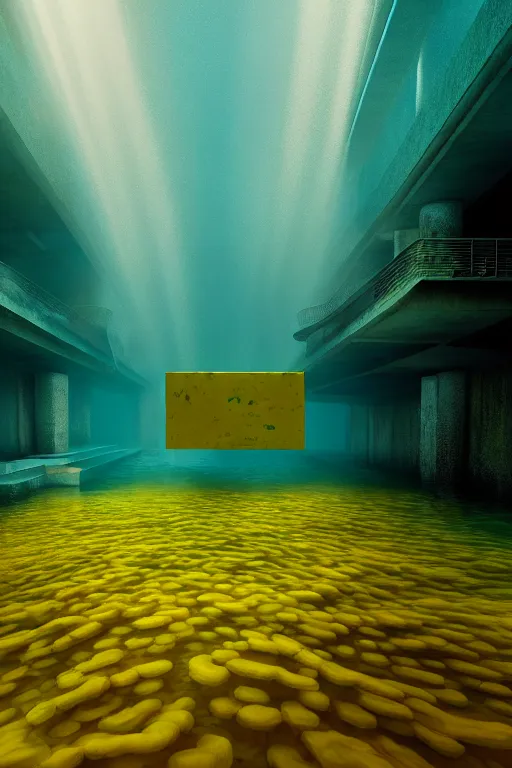 Prompt: hyperrealistic precisionist cinematic half underwater neo - dystopian city ruins with giant floating yellow algae, digital art masterpiece, aykut aydogdu eric zener, dramatic volumetric light, long shot, low angle uhd 8 k, sharp focus