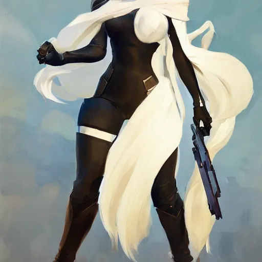 Prompt: greg manchess portrait painting of a 2 yorha type a no. 2 as overwatch character, white long hair, organic painting, sunny day, matte painting, bold shapes, hard edges, street art, trending on artstation, by huang guangjian and gil elvgren and sachin teng