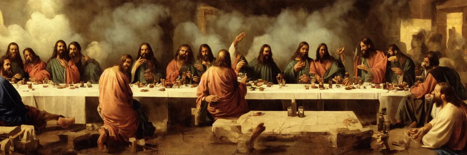 Prompt: jesus at the last supper with his disciples, whisky bottles, passing big blunts, in cloud of smoke, 4 k, hyperrealistic photograph, highly detailed, sharp focus, art by ilya repin