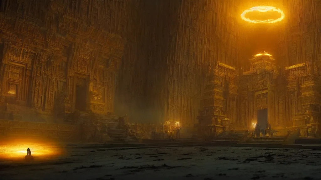 Image similar to strange creatures guard a glowing temple, film still from the movie directed by Denis Villeneuve with art direction by Marc Simonetti, wide lens