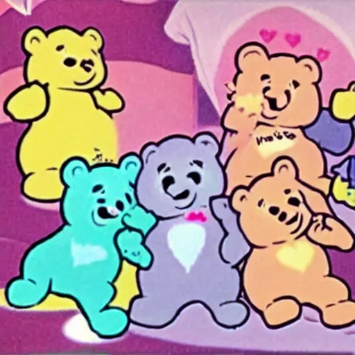 Image similar to appearance by the care bears in the moomin anime ( 1 9 8 2 ), pastel colours