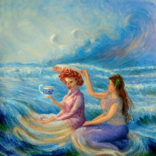 Prompt: an impressionist painting, The Queen of the Sea waves and her devoted servant octopus drink tea,