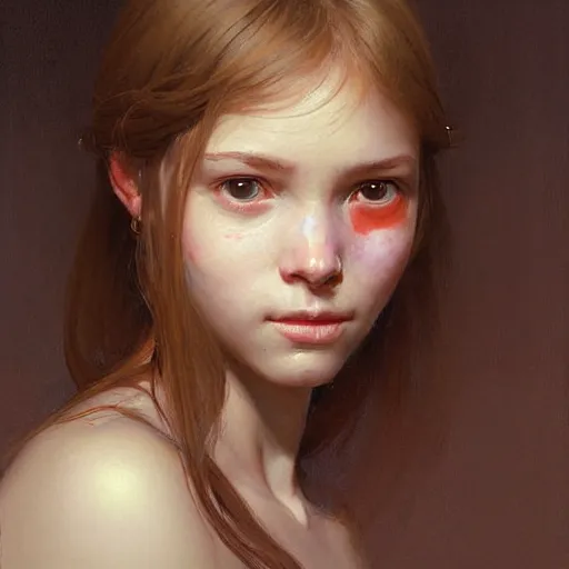 Prompt: Facial portrait of a cute shy girl, looking at the camera, slight awkward smile, lips slightly parted, no hands visible, blushing, intricate, extremely detailed painting by Greg Rutkowski and by Henry Justice Ford and by Steve Henderson and Moebius