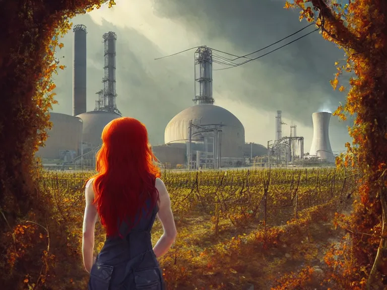 Image similar to red hair girl, chernobyl powerplant!!!, rubble, ruins!!, flowers, vines, hyperrealistic, highly detailed, cinematic, single ray of golden sunlight, beautiful, cgssociety, artstation, 8 k, oil painting by greg rutkowski, by artgerm, by wlop