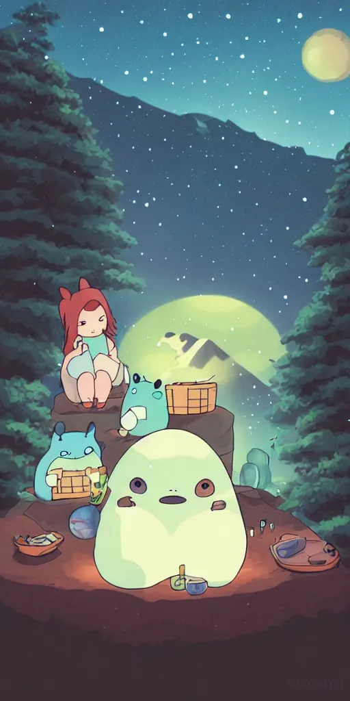 Image similar to glowing snorlax and totoro doing a picnic, mountain landscape, night sky, digital art, digital painting, celestial, majestic, colorful