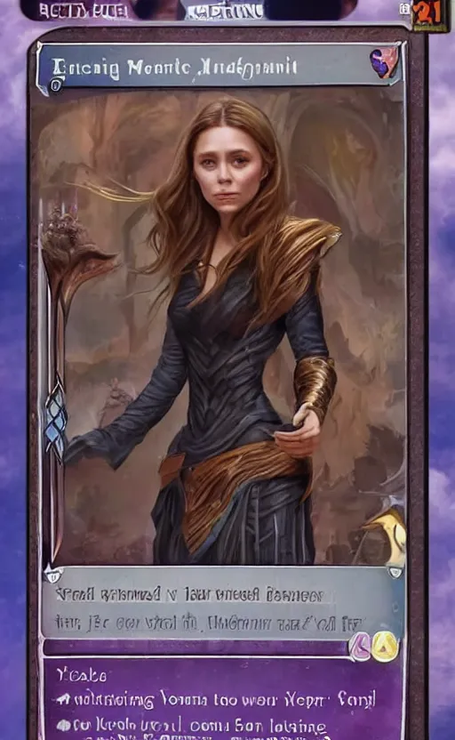 Image similar to mtg card trading, fantasy mtg card of elizabeth olsen, screenshot