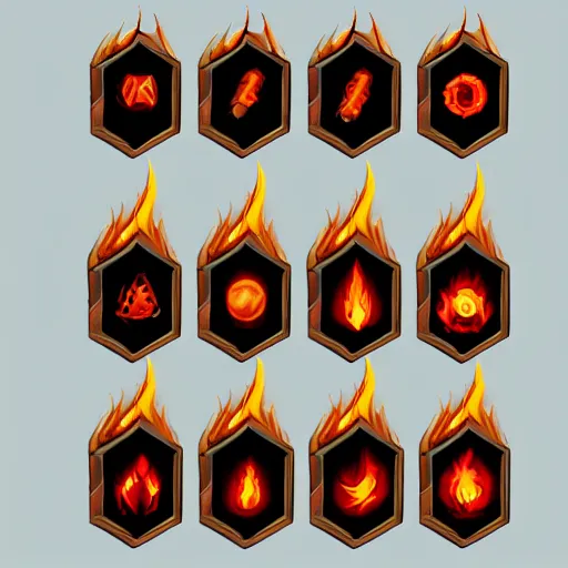 Prompt: fire mage skills icons set, UI, HD, high details, trending on artstation