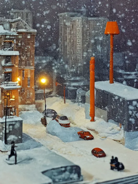 Image similar to mega detailed miniature diorama a soviet residential building, brutalism architecture, suburban, warm lights are on in the windows, man lies in the snow, dark night, fog, winter, blizzard, cozy and peaceful atmosphere, row of street lamps with warm orange light, several birches nearby, 1 9 9 0