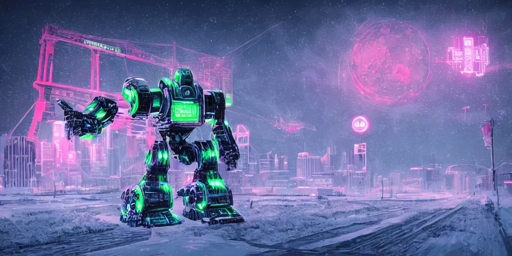 Image similar to a giant robot, megastructure, in a snowy land, photorealistic, neon light