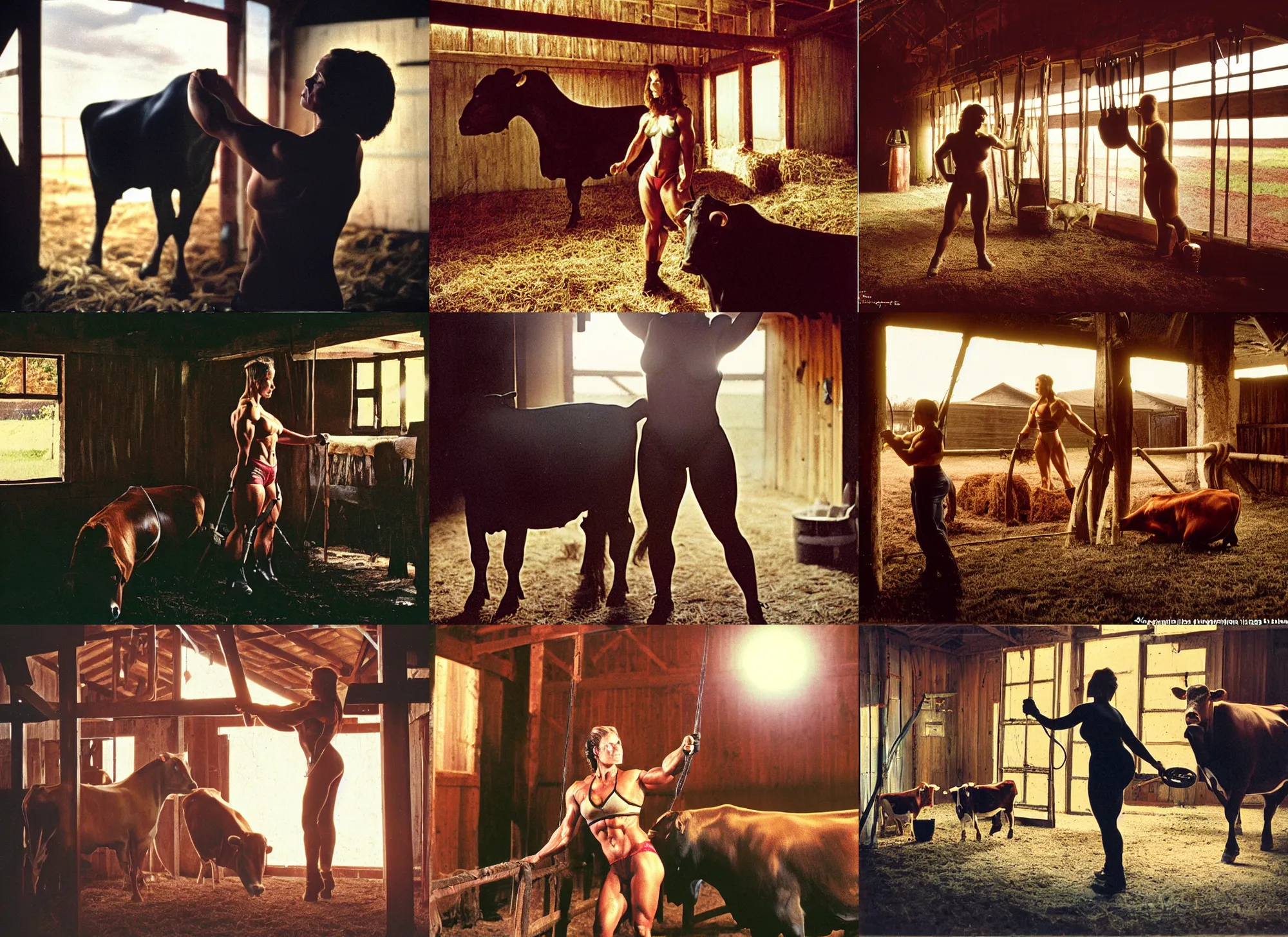 Prompt: color photograph portrait of a muscular woman tending cows in a barn. night, summer, dramatic lighting, 1 9 9 0 photographs from sci - fi magazine.