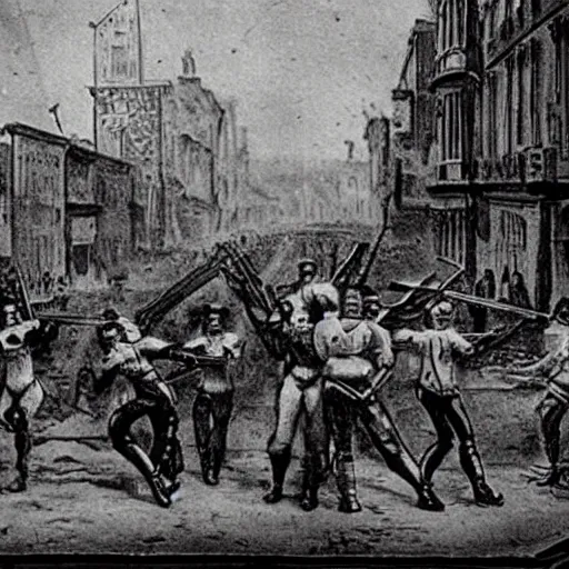 Image similar to grainy 1800s photo of a cybernetic warriors killing civilians in a city