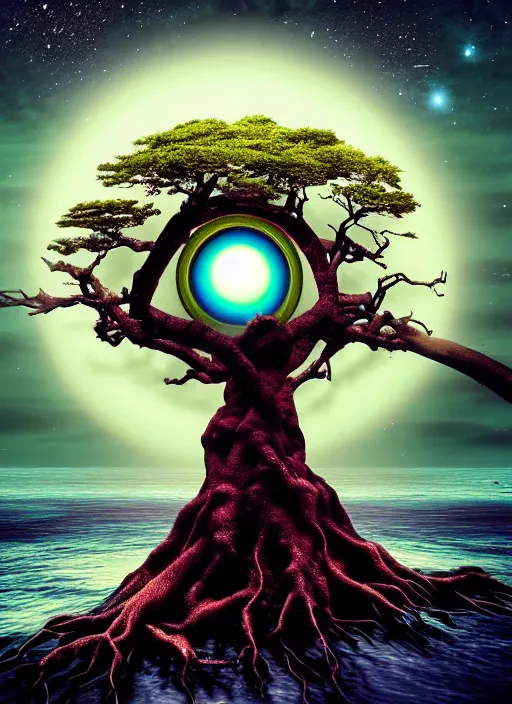 Image similar to a god tree from which planets or galaxies hang instead of futas, the tree is on top of a calm sea, in the background there is an eye whose iris coincides with the tree. fantasy art, horror, nightmare, photo realistic, dynamic lighting, artstation, poster, volumetric lighting, very detailed faces, 4 k, award winning
