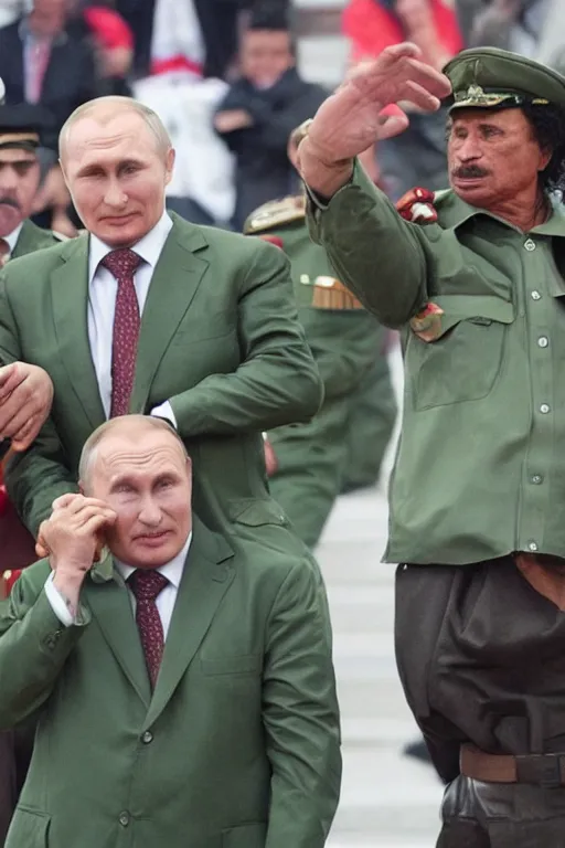 Image similar to human centipede with lukashenko putin gaddafi in roles