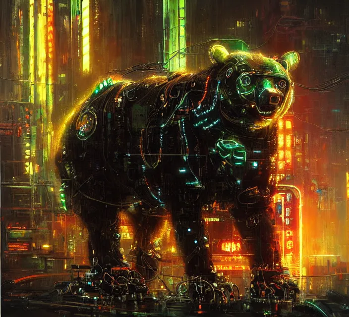 Image similar to robot cyborg bear, many wires and neon lights exposed, metal and glowing eyes, cyberpunk, highly detailed painting by jeremy mann and cd projekt red