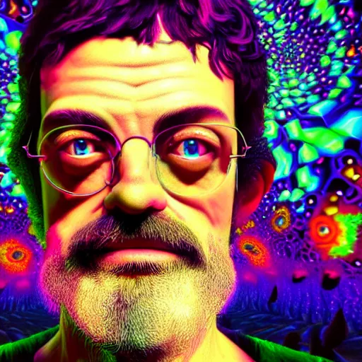 Image similar to terence McKenna posing seductively with psychedelic mushrooms, psychedelic, fractal, cinematic lighting, dramatic, octane render, full body, trending on artstation, perfect facial symmetry, bokeh, 8k, intricate, hyper detailed
