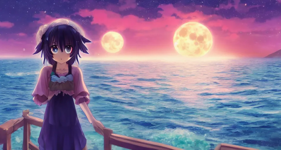 Image similar to one anime girl standing on a pier with the ocean as background at twilight, her blue shiny detailed eyes are looking at the camera, cute, big moon above the water, colorful, magical, detailed face, small nose and mouth, 8k, based on Puella Magi Madoka Magica